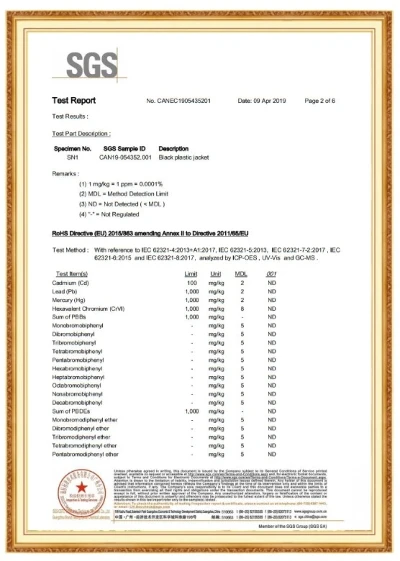 SGS Black plastic jacket Certificate SGS Black plastic jacket Certificate